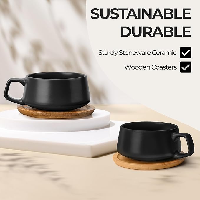 MIAMIO - Cappuccino Cup Set of 4, Ceramic (9.5oz) - Luxe (Black) | Ceramic cappuccino cups and saucers, wide latte cups and mugs for Americano, 4-piece set of ceramic cups - dishwasher safe