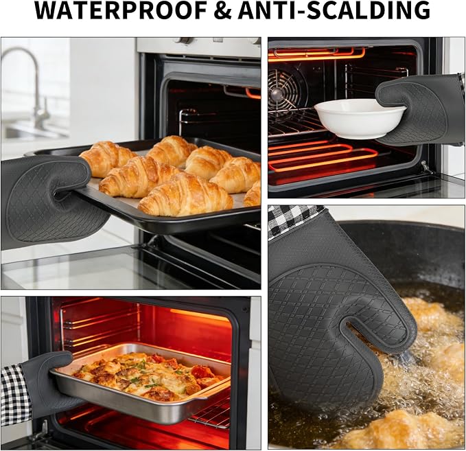 Tifanso 4PCS Heat Resistant Silicone Plaid Oven Mitts & Pot Holders, Grey | Non-Slip Grip Surface, Soft Cotton Lining, Ideal for Cooking Baking Grilling, Easy to Clean, Practical Kitchen Essential