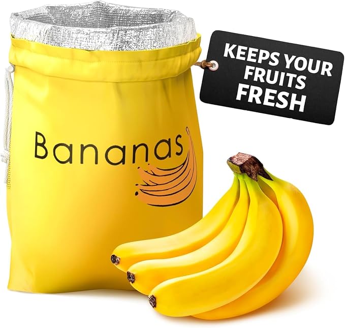 Nylon Banana Keeper with Aluminum Lining for Slow Browning - Reusable & Washable 13.8x10.6 Banana Bags to Keep Bananas Fresh with Quick Drawstring Closure - Suitable for Home Fruit Storage and Picnics
