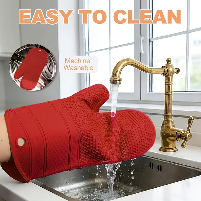 YUTAT Silicone Oven Mitts,Heat Resistant 2PCS Oven Mitts with Soft Polyester Filling,Kitchen Potholder Set - Perfect for BBQ, Baking and Cooking,RED,2 Pcs Set