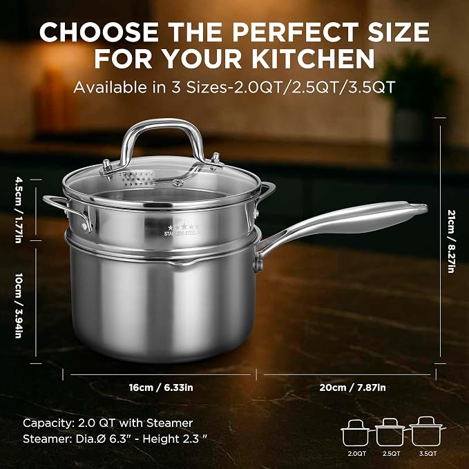 Tri-Ply Stainless Steel Sauce Pan with Steamer Basket & Straining Glass Lid— 2-in-1 Multi-Function Pot for Steaming, Boiling & Simmering — Healthy, Durable, Rust-Resistant, Professional-Grade Cookware