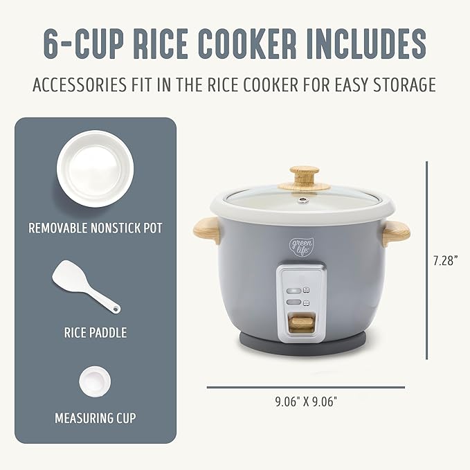 GreenLife Rice Cooker, 3-Cups Uncooked/6-Cups Cooked, Gray | PFAS-Free Ceramic Nonstick Removable Pot, One-Switch Design, Grains Multicooker, Keep Warm, Dishwasher Safe Parts, Easy Clean