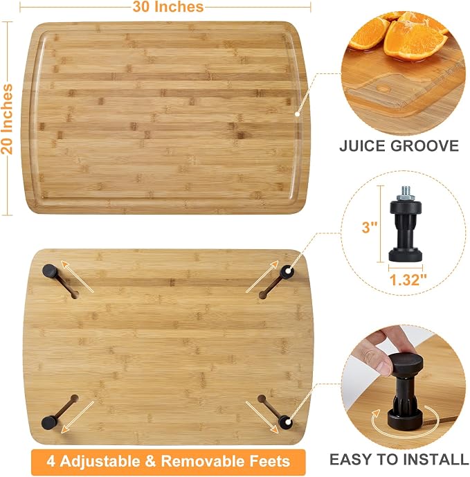 Bamboo Cutting Board, 30"x20" Extra Large Noodle Board with 4 Removable Feet, Juice Groove, Wooden Stove Top Covers for Electric Stove, Gas Burners, Counter Space