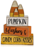 Lineshading 4 Pcs Fall Decoration For Home Wooden Candy Corn Stacked Blocks | Rustic Wood Blocks with Candy Corn Topper, Pumpkin Wishes Text, Tabletop Centerpiece for Thanksgiving Fall Home Decoration