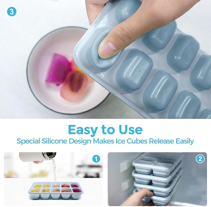 DOQAUS Ice Cube Tray with Lids, 4 Pack Silicone Ice Trays for Freezer | Silicone BPA & LFGB Safe, Easy Release for Kitchen, RV, Cocktail, Coffee, Soup & Food