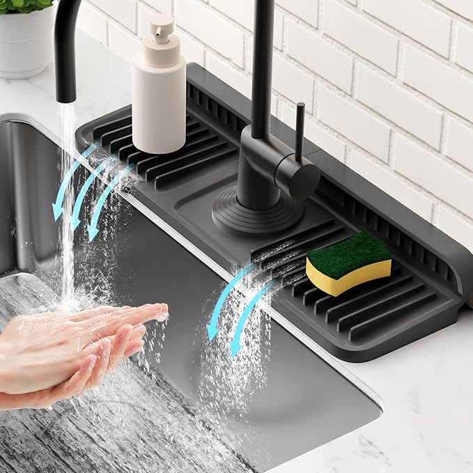 14.6 inch Faucet Mat for Kitchen Sink Splash Guard[7° Slope Fast Self-draining][Snap Lock Fit]Kitchen Sink Faucet Mat Splash Guard Kitchen Sink Area Water Splash Guard Behind Faucet Draining Mat