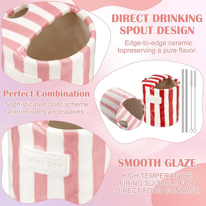 2 Pack Ceramic Mug with Sip Hole, Simple, Red, Pink | 10oz Ceramic Coffee Cup with Straws, Retro Hand Painted Striped, for Iced Coffee Tea Latte Espresso, Kitchen Dining Travel
