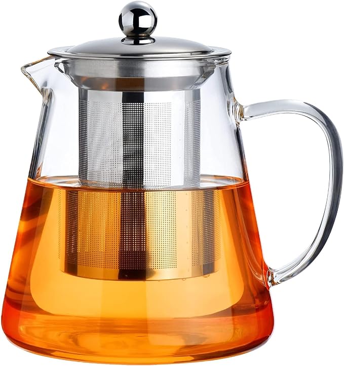 PARACITY Glass Teapot Stovetop 44 OZ, Borosilicate Clear Tea Kettle with Removable 18/8 Stainless Steel Infuser, Teapot Blooming and Loose Leaf Tea Maker Tea Brewer for Camping, Travel (1300ml) | A clear borosilicate tea maker/tea brewer uses an 18/8 s...