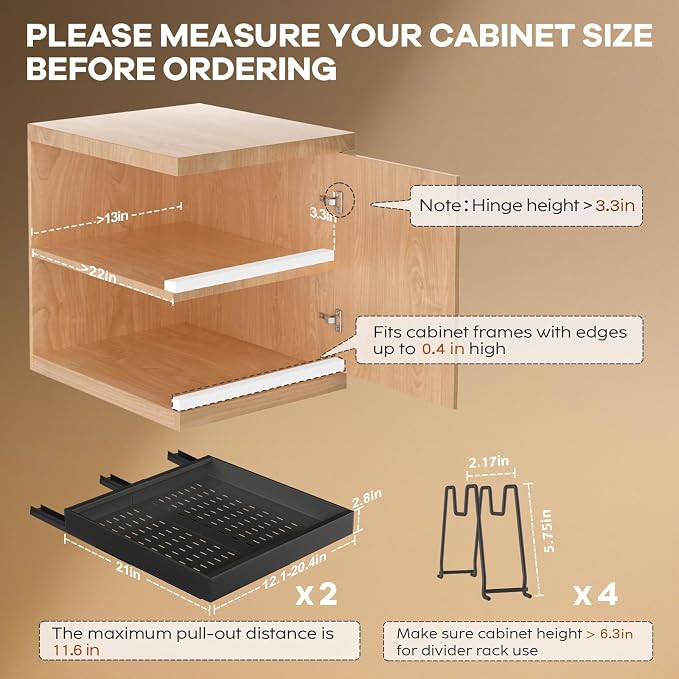 Seinloes 2 Pack Pull out Cabinet Organizer 21"Deep With Raising Pad for Framed Cabinets, Expandable Slide out Drawers for Kitchen Cabinets with 4pcs Divider Racks, Roll out Shelves 12.1"-20.4" W Black
