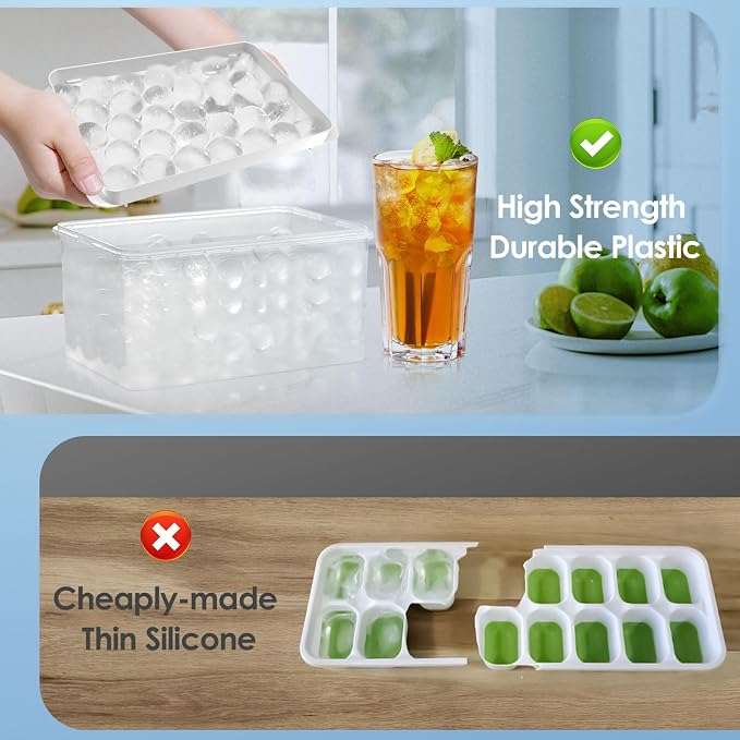 Ice Cube Tray with Lid and Bin, 1" Round Ice Trays for Freezer | 2 White Ice Cube Trays with Ice Box & Scoop, 1" Round Ice Balls for Iced Coffee & Juice, Easy Twist Release, For Gatherings
