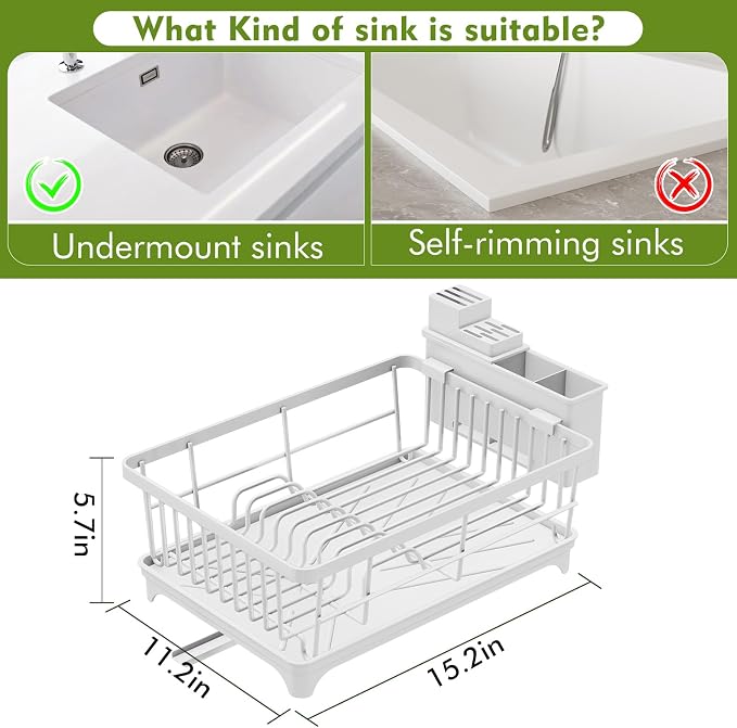 Kmiectse Dish Drying Rack for Small Kitchen Counter with Utensil Holder | Space Saving, Rust Resistant, Quick Drainage Dish Rack, Compact Dish Drainer Organizer for Home Kitchen, White