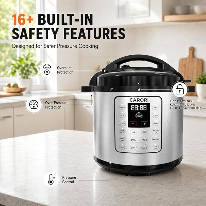 CARORI 8Qt 12-in-1 1200W Stainless Steel Pressure Cooker,Quick Meals, Time-Saving, Healthy, Convenient & Efficient - with Safer Venting & Recipe Book, Silver