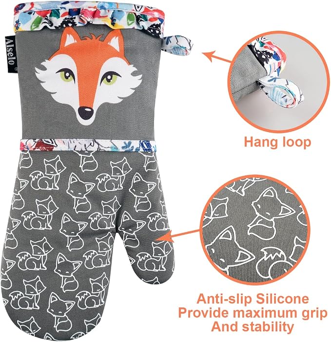 Alselo Oven Mitts 1 Pair, Silicone Printed Kitchen Mittens,7"x13.5" | Heat Resistant & Non-Slip Oven Gloves, Fashion Animal Design with Soft Quilted Cotton Lining for Baking Cooking BBQ (Grey 2)