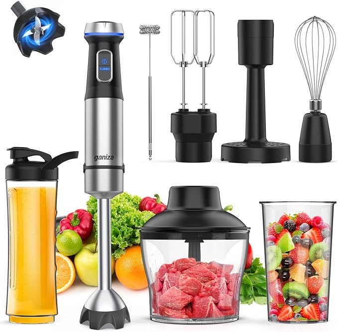 Ganiza Immersion Blender Handheld Corded 8 in 1 Hand Blender Max 1000W | 16 Speed Stick Emulsifier with Beaker, Chopper, Whisk, Frother, Potato Masher and Portable Bottle for Soup, Puree, Smoothies