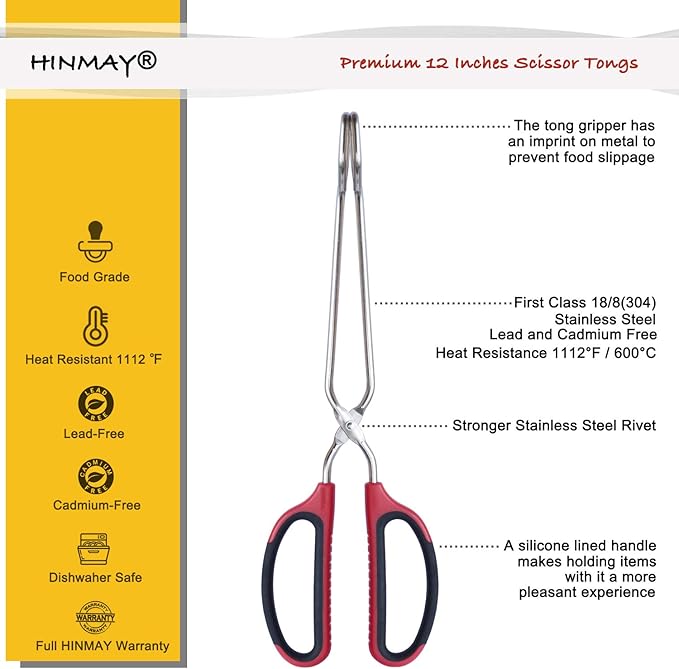 HINMAY Stainless Steel Scissor Tongs with Comfort-Grip Handle 12-Inch