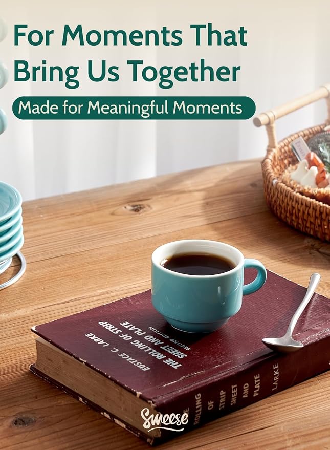 Sweese 8 Ounce Porcelain Stackable Cappuccino Cups with Saucers and Metal Stand - for Specialty Coffee Drinks, Cappuccino, Latte, Americano and Tea - Set of 4, Turquoise