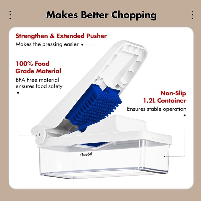 Geedel Vegetable Chopper with Container, 4 in 1 Food Chopper Veggie Slicer | Onion Chopper, 420 Stainless Steel, Safety Lock, Dishwasher Safe, No BPA, Cleaning Brush Included, for Vegetables, Cheese