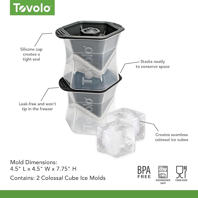 Tovolo Large Square Ice Cube Mold Colossal 2 Inch Cubes Pack of 2, Huge Ice Cube Mold Block for Whiskey Cocktails Bourbon, Silicone BPA Free Dishwasher Safe Giant XL Ice Cube Molds