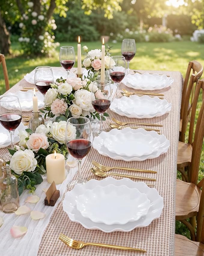 LIYH 24 Pcs White Plastic Plates Reusable - Unbreakable Party Plates, Microwave & Dishwasher Safe Camping Plate Sets Perfect for Parties, Birthday, Picnics, BPA Free (12Guests)