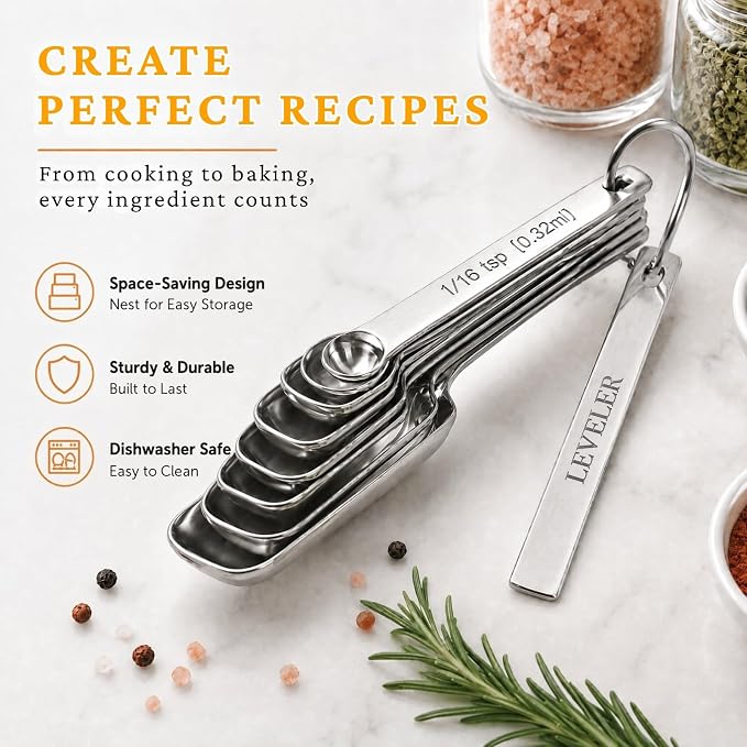 28 Pcs Stainless Steel Measuring Spoons Set with Leveler, Metal Round & Rectangular Spoons plus 2-Pack Mini Spoon Sets for Precise Cooking and Baking, Standard Sizes with Clear Engraved Markings