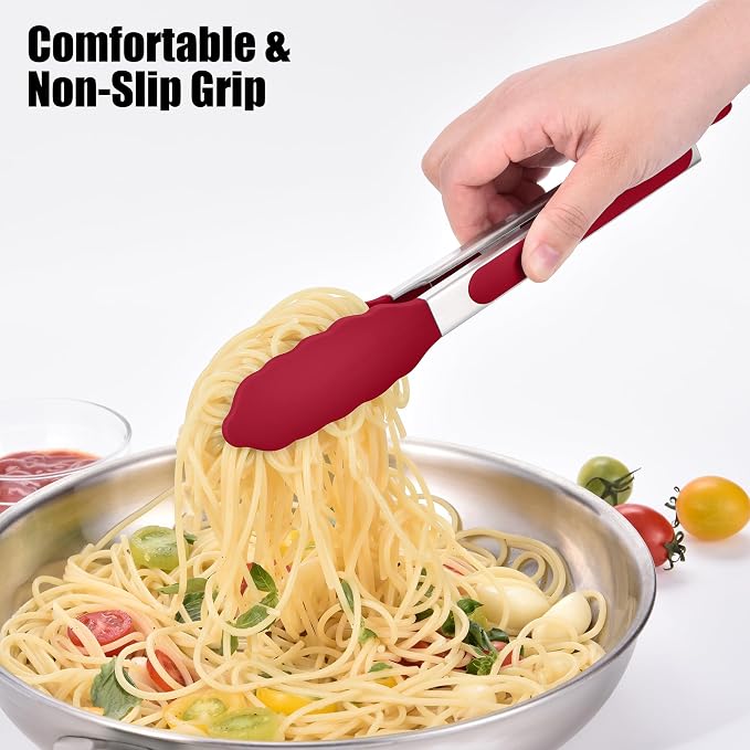 Doosu Kitchen Tongs with Silicone Tips for Cooking Serving (9in, Red) | 600°F Heat Resistant Food Tong, Heavy Duty Stainless Steel Locking Tong for BBQ, Grilling Steak, Salad, Toast, Pasta