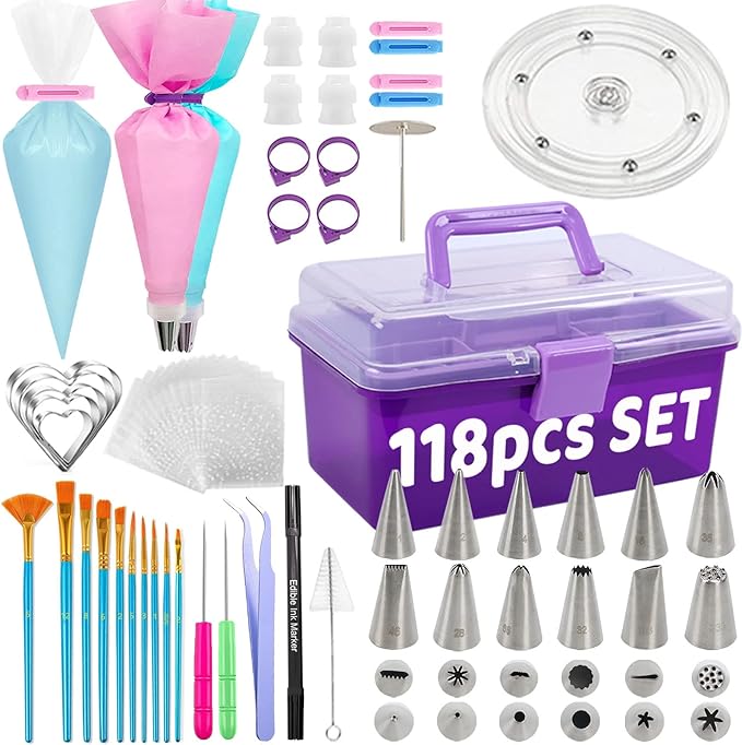 Cookie Decorating Kit 118pcs with Storage Case, Royal Sugar Piping Bags and Tips Icing Supplies Set, Turntable Scribe Decoration Tools for Kids & Cookie Holiday Christmas Valentine