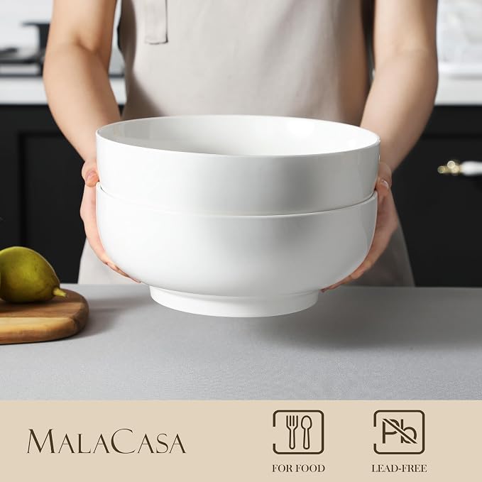MALACASA Large Serving Bowls, 114 OZ(10") Ceramic Salad Bowls Set of 2 | White Bowls for Salad, Soup, Pasta, Dinner, Porcelain Bowls Set for Entertaining, Microwave Safe, Series REGULAR