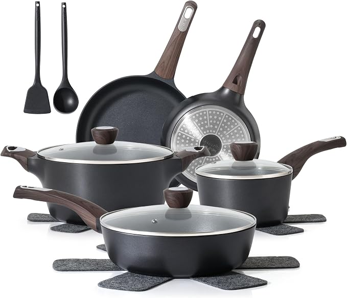 SENSARTE Pots and Pans Set Non stick, Non toxic Healthy Induction Cookware Sets, 14 Pcs Non Stick Kitchen Cooking Set with Frying Pans Set & Saucepan, PFOA PFOS APEO Free, Black