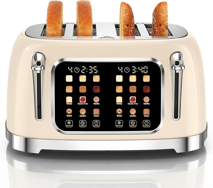 RONGBEST Retro 4 Slice Touch Screen Toaster with Stainless Steel Wide Slot, Reheat & Defrost Bagel for Family Breakfast Bread, 6 Browning Levels, Removable Crumb Tray, Cream Color
