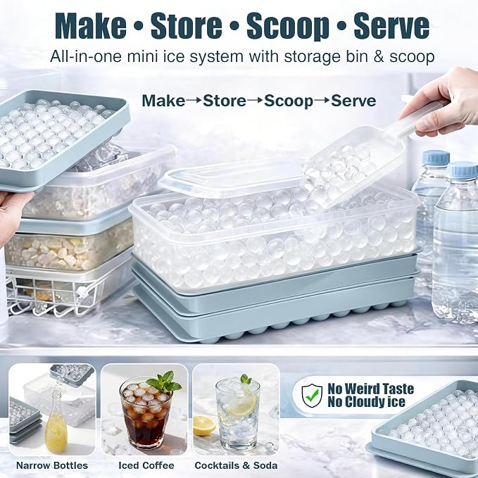Mini Ice Cube Trays for Freezer with Lid, 0.55" Pebble Ice | 2 Trays-Blue, with Ice Box & Scoop. for Iced Coffee, Bottles, Juice & Everyday Drinks, Easy Twist Release, Stackable