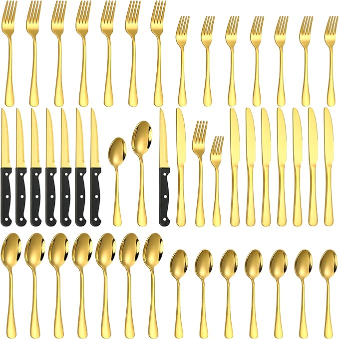48-Piece Gold Silverware Set with Steak Knives Gold Stainless Steel Flatware Set for 8 Food Grade Tableware Cutlery Set Rust-proof, Mirror Polished, Dishwasher Safe