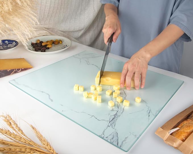 Glass Cutting Board 20”x16”: Tempered Glass Kitchen Counter Protector - Durable- Scratch-Resistant, Heat-Proof - Design 2 - White Marble Effect