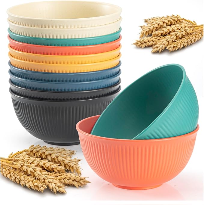12Pack 24 oz Unbreakable Cereal Bowls, Reusable Plastic Lightweight Bowls, Made from Wheat Straw Fiber, Ideal for Salads, Soups, Ramen, Noodles, and Oatmeal (Red, blue, yellow, dark blue, beige, black