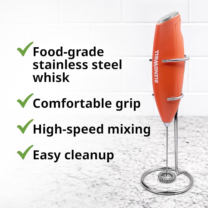 BlendWell Electric Milk Frother for Matcha and Coffee, Handheld Battery Operated Drink Mixer with Stand, Stainless Steel Whisk, Orange