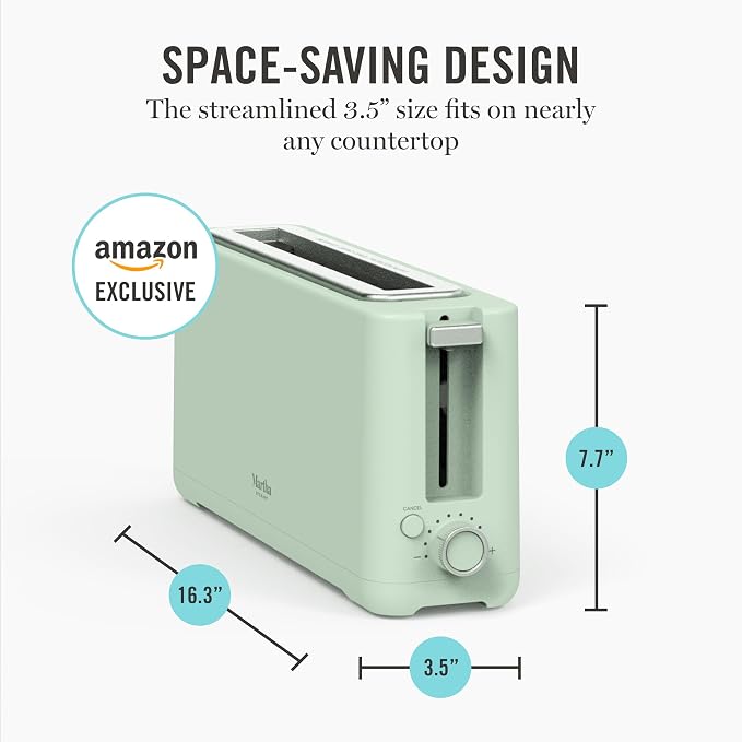 Martha Stewart 2 Slice Long Slot Toaster, Extra Wide, Honeydew | 10 Shade Settings, 10” Wide Slot, Sourdough, Bagels, Artisan Bread & Waffles, Smart Centering, Removable Crumb Tray