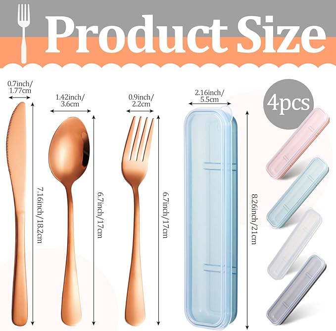 4 Pack Travel Silverware Set with Case for Lunch,Gold | Reusable Utensils with Case, Portable Flatware, Camping Cutlery, Fork Spoon Knife, for Work School, Dishwasher Safe