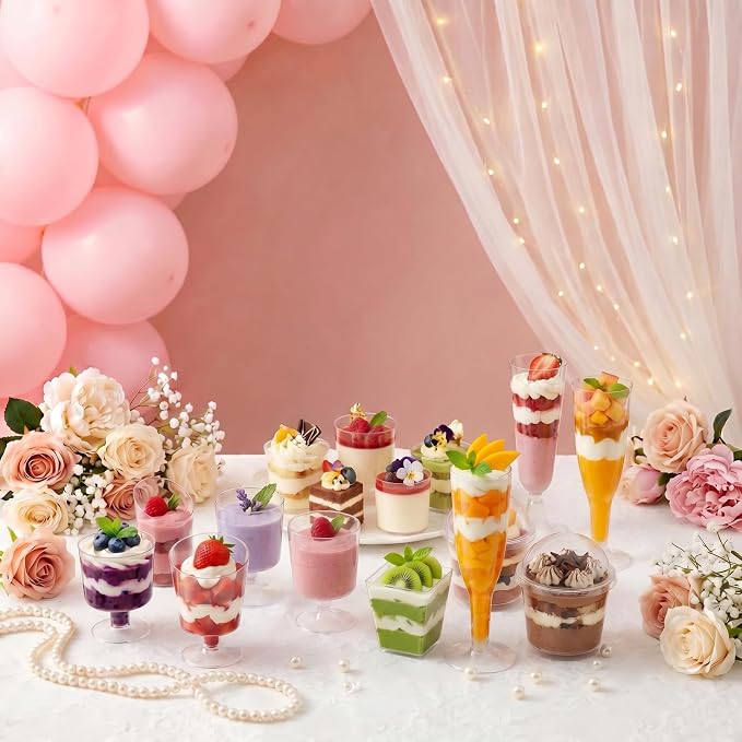 455 Pcs Clear Mini Dessert Cups Set for Party | With Spoons and Lids , Slanted Cups, Champagne Glass , Trapezoid Mini , and Parfait Cups, For Pudding Mousse Fruit Appetizers