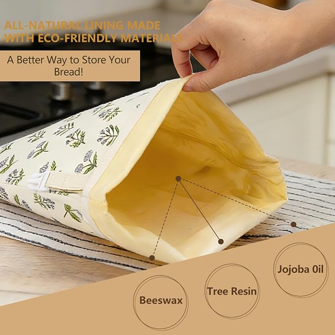Reusable Beeswax Bread Bags for Homemade Bread & Sourdough, 2-Pack XL Airtight Food Storage Bags, Organic Cotton Linen Covers - Freezer-Friendly Freshness Preservation Keeps Fresh Longer