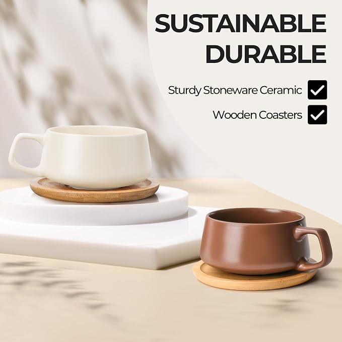 MIAMIO - Cappuccino Cup Set of 4, Ceramic (9.5oz) - Luxe (Beige Pastel) | Ceramic cappuccino cups and saucers, wide latte cups and mugs for Americano, 4-piece set of ceramic cups - dishwasher safe