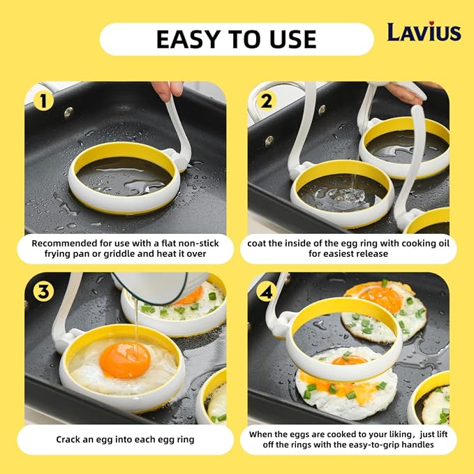Silicone Egg Rings Set with Folding Handle, 4-Pack Non-Stick Round Egg Cooker Ring，Egg Mold for Cooking Breakfast Sandwiches, Egg Mcmuffins, Pancake, Grill Accessories Egg Forms for Frying Egg