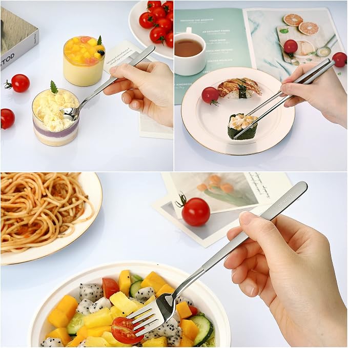 DEVICO Travel Utensils with Case, 4 Piece Portable Silverware Set for Work | 18/8 Stainless Steel Reusable Travel Cutlery Set, Korean Chopsticks Fork and Spoon Set for Lunch Box/Camping/Picnic/Dorm,Gray