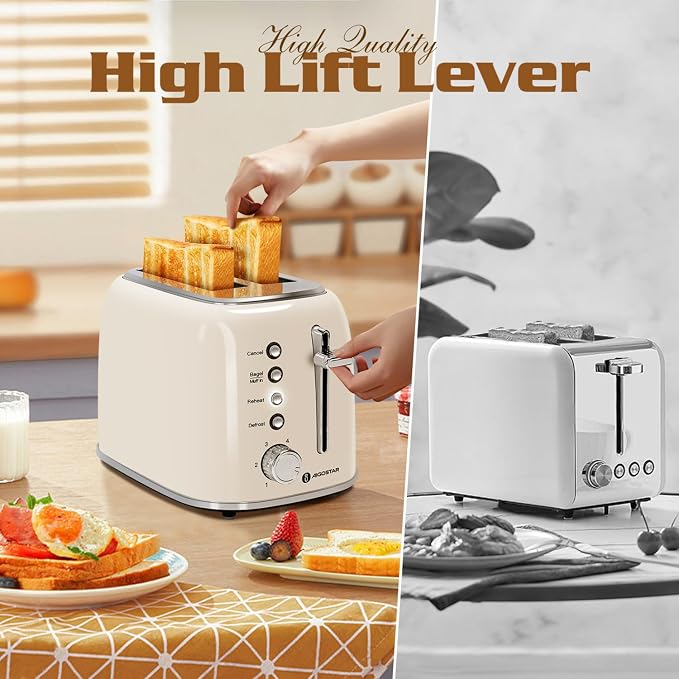 Aigostar Toaster 2 Slice, Retro Extra-Wide Slot, Cream White | Best Rated Prime, For Toasting Bagels, Breads, Waffles & More, Cancel, Defrost & 6 Browning, Removable Crumb Tray