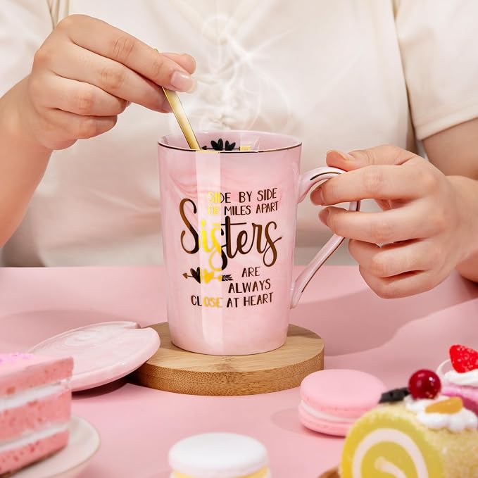 Sister Birthday Gifts for Sister from Brother Sisters, 14oz Sisters Mug | 14oz Pink Marble Coffee Mug with Gold Print, Lid, Spoon, Greeting Card and Elegant Gift Box, Present for Big Sister