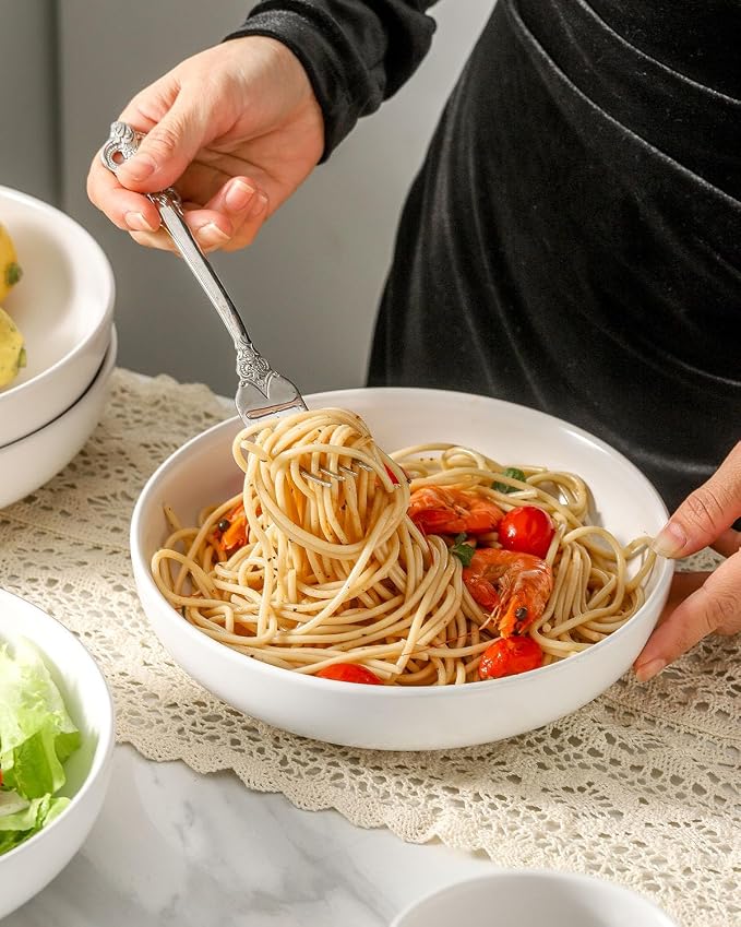Pasta Bowls Set of 2, 34 oz Deep Salad Bowls, Stoneware Bowl Plates for Pasta, Soup, Salad, Ceramic Serving Shallow Bowls for Kitchen Gift, Microwave & Dishwasher Safe, Matte White
