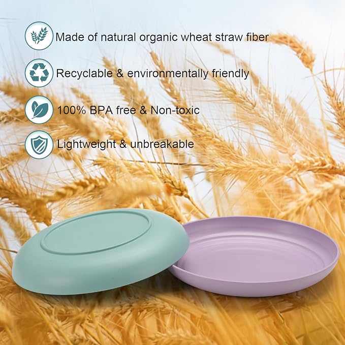 HEYCOME 12 Pcs Unbreakable Deep Dessert Plates Set, 8 inch Reusable Plastic Wheat Straw Plates, Microwave and Dishwasher Safe Plate for Kitchen, Lightweight Plate for Dessert, BPA Free, 6 Colors