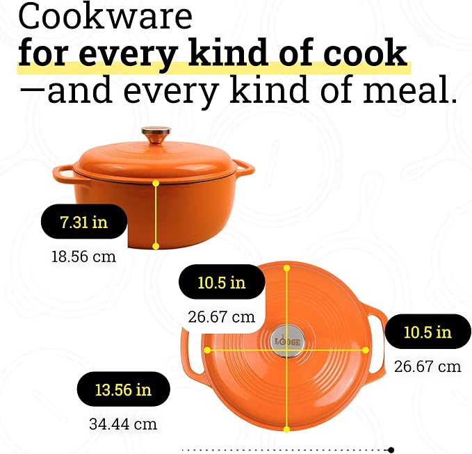 Lodge Essential Enamel Cast Iron Dutch Oven 6 Quarts - Perfect for Bread Baking, Braising, Marinating & Slow Cooking, Features Moisture-Sealing Lid & Dual Handles, Kitchen Essentials, Pumpkin