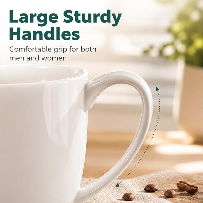 White Porcelain Coffee Mugs Set of 6, 13 Ounce Coffee Cups with Handle, Ceramic Tea Mugs for Latte, Hot Tea, Cappuccino, Mocha, Cocoa, Mug Gift Set, Dishwasher and Microwave Safe