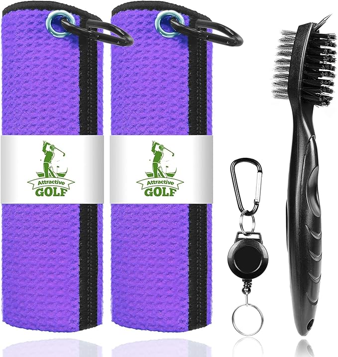2 Pack Golf Towels with Club Brush, Microfiber Waffle Cleaning Set | Waffle pattern microfiber for strong water absorption, cleans clubs & balls, 2 towels + 1 brush, ideal for golfers