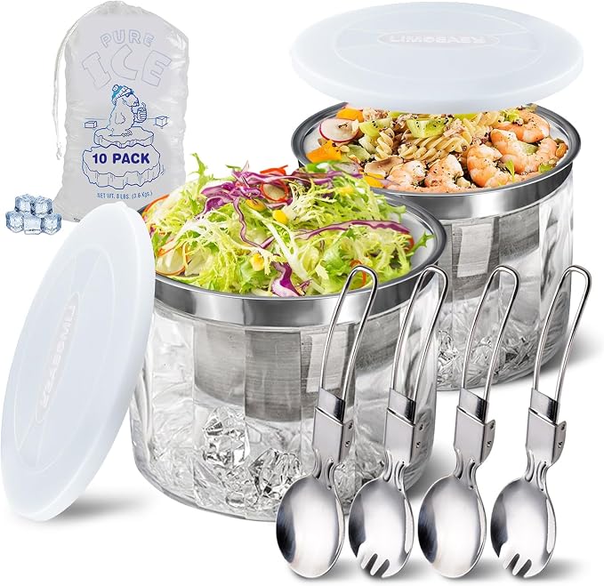 LIMOEASY Small Chilled Serving Bowl 2 Pack, 25oz Ice Chilled Dip Bowl with Lid for Parties, Cold Serving Dish for Hummus, Salsa, Guacamole, Sauces, Pasta