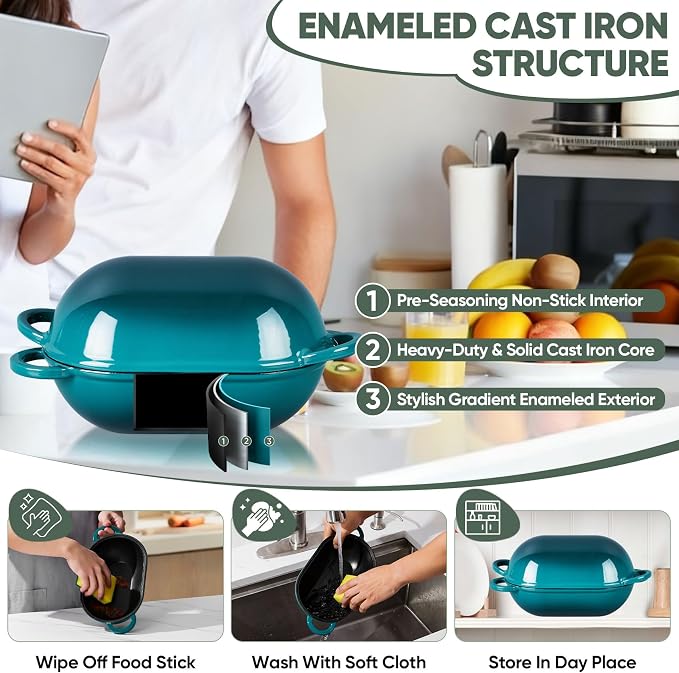 TeamFar Enameled Cast Iron Bread Loaf Pan, 2 QT Oval Dutch Oven with Lid | for Sourdough Bread Baking, Enameled Meatloaf Loaf Baking Pan with Lid, Even Heat Distribution & Self-Basting, Basil Green